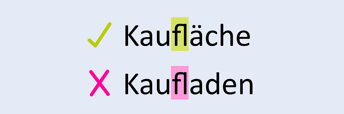Beispiele für Richtlinien von Ligaturen: "Kaufläche" mit Ligatur "fl" korrekt, bei "Kaufladen" falsch