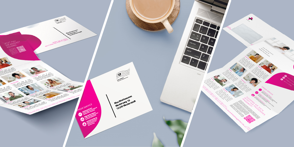 Collage aus Post-Mailings mit pinkfarbenem Design, einer Kaffeetasse und einem Laptop