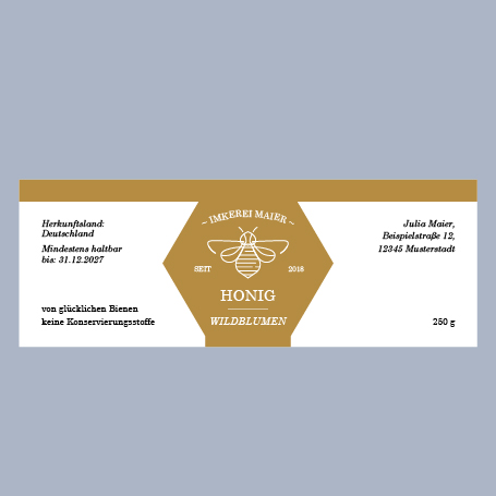 Etikettenvorlage in Gold sowie Schwarz-Weiß für ein Honigglas mit u. a. Logo, Anschrift und Füllgewicht