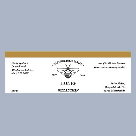 Etikettenvorlage in Gold sowie Schwarz-Weiß für ein Honigglas mit u. a. Logo, Anschrift und Füllgewicht
