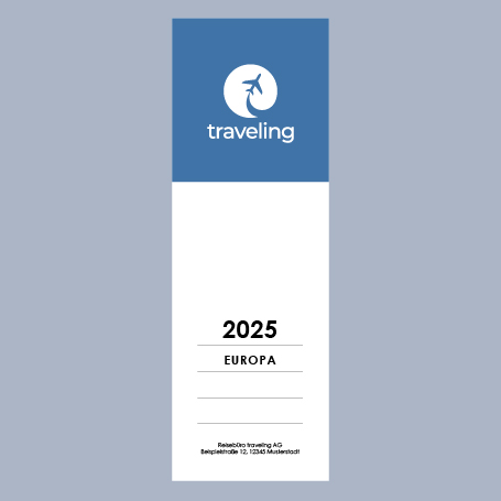 Blau-weiße Etikettenvorlage mit Logo für Reisebüro mit Aufschrift "2025 EUROPA"