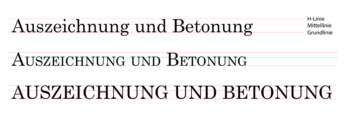 "Auszeichnung und Betonung" in Groß- & Kleinbuchstaben + in Kapitälchen, mit H-, Mittel- & Grundlinie