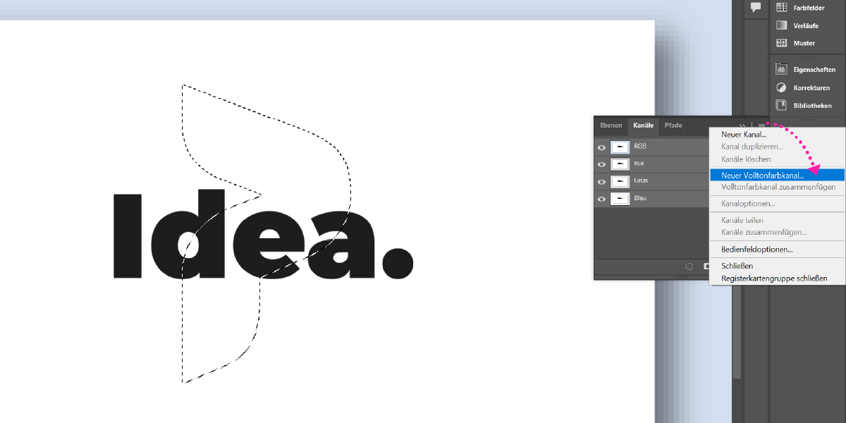 Screenshot aus Grafikprogramm: Anlegen eines Volltonfarbkanals für HKS oder Pantone