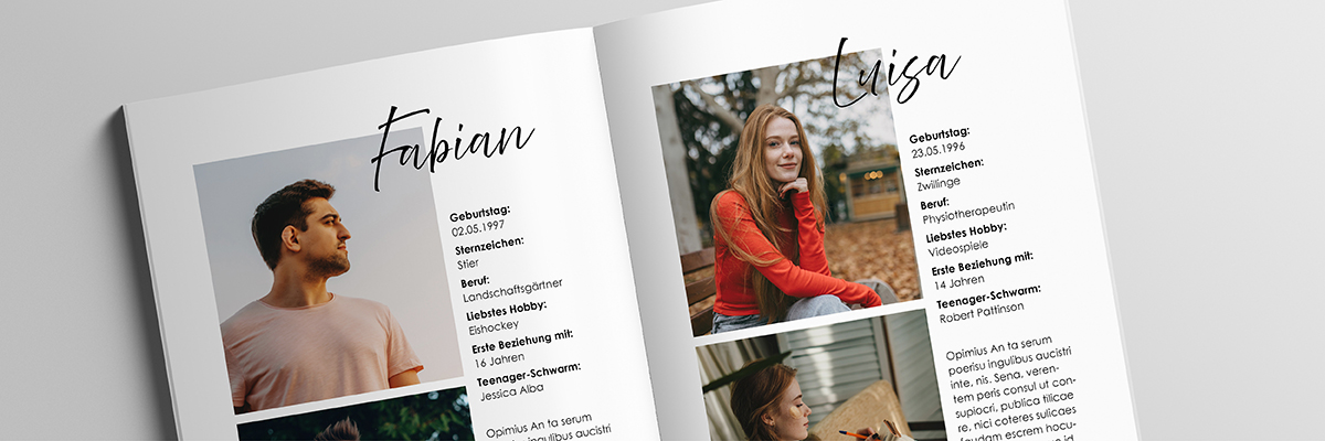 Doppelseite einer Hochzeitszeitung: Steckbriefe vom Bräutigam Fabian und der Braut Luisa mit Foto