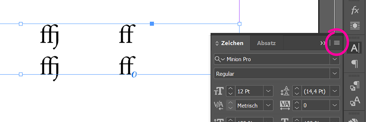 Screenshot mit Markierung, wie man in Adobe InDesign Ligaturen aktiviert