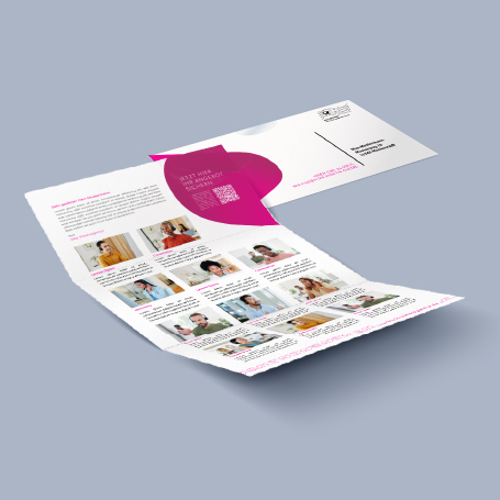 Beispiel für ein Post-Mailing: Ein Selfmailer in pinkem Design