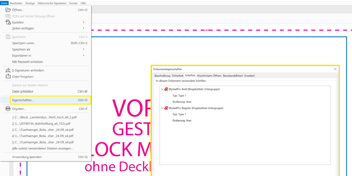 Screenshot von Beispiel-PDF: Schriftart erkennen im Menüpunkt „Eigenschaften“ und darin „Schriften“