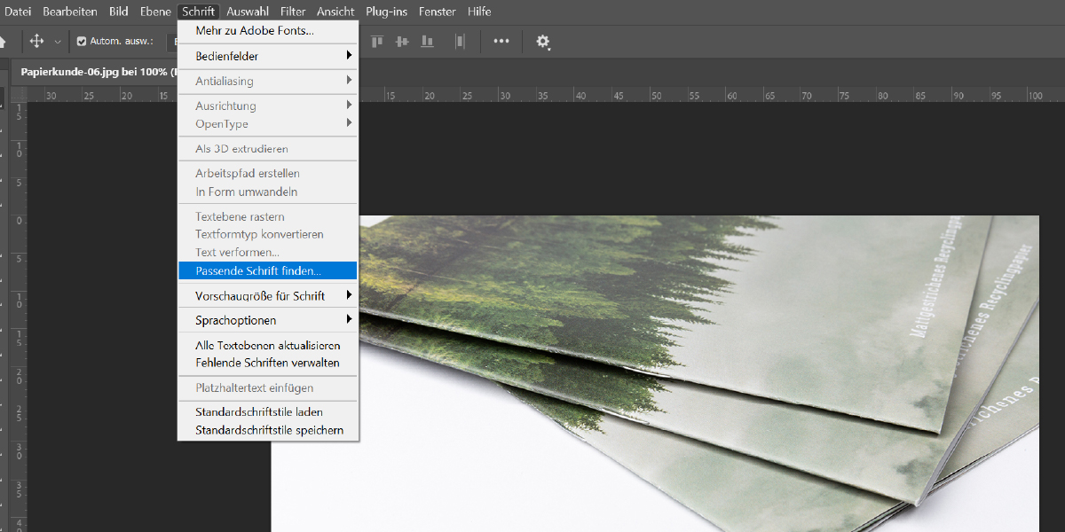 Schriftart erkennen in Adobe Photoshop: Screenshot „Passende Schrift finden“ im Menüpunkt „Schrift“