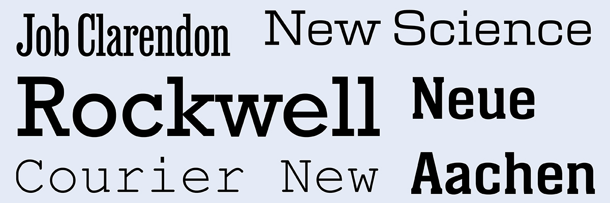 verschiedene Serifenschriften der Gattung Egyptienne wie Rockwell oder Courier im Überblick