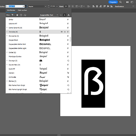Screenshot des Programms Adobe InDesign, das die Vorschau von Versalien zeigt
