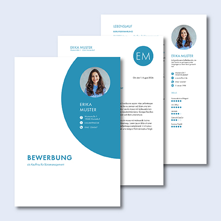 Vorschau Bewerbungsunterlagen zum Download: Deckblatt, Anschreiben & Lebenslauf im modernen Design