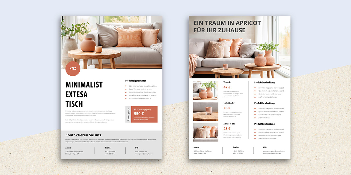 Fake-Werbeanzeige mit Versalien-Überschriften für Vasen, Teelichthalter und Zierkissen in Aprikot