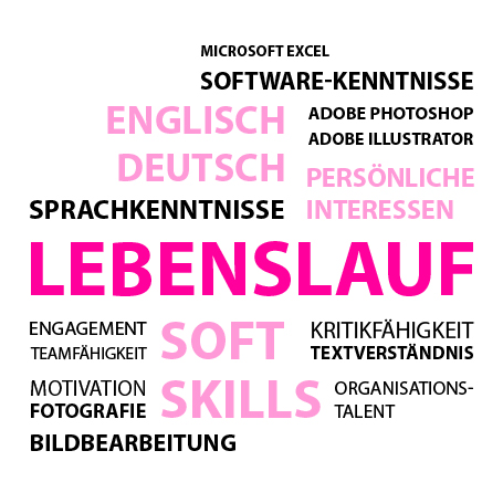 Wortwolke aus verschiedenen Wörtern zum Thema "Lebenslauf" in Großbuchstaben und in Pink sowie Schwarz