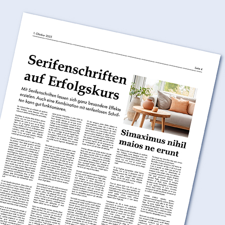 Eine Zeitungsseite mit Überschriften in Serifenschrift und Fließtext in serifenloser Schrift