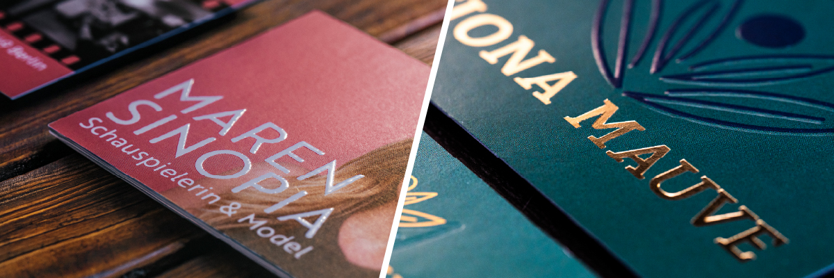 Collage: Visitenkarten mit Druckveredelungen; links UV-Lack/Spotlack, rechts Heißfolienveredelung