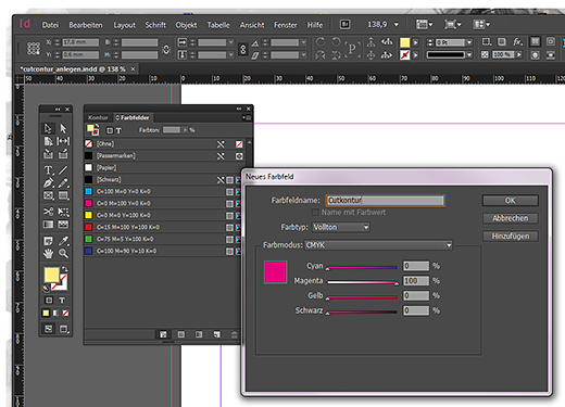 Einstellungen des neuen Farbfeldes in InDesign anwählen
