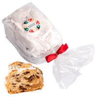 Confiserie-Stollen (alkoholhaltig), verpackt im OPP Folienbeutel, verziert mit roter Schleife