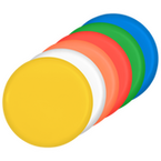 aufgereihte Frisbees in verschiedenen Farben 