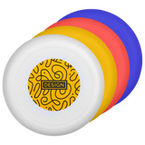 aufgereihte Frisbees in 4 Farben, bedruckt