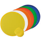 aufgereihte Nylon Frisbees in vielen Farben mit Etui
