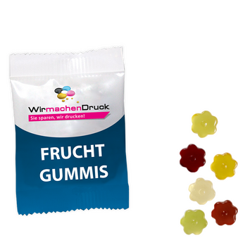 Fruchtgummi-Tütchen 10g (Form: Blume), 4/0 farbig einseitig bedruckt