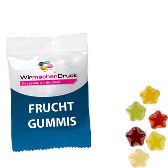 Fruchtgummi-Tütchen 10g (Form: Sternchen), 4/0 farbig einseitig bedruckt