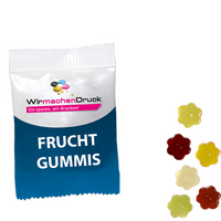 Fruchtgummi-Tütchen 10g (Form: Blume), 4/0 farbig einseitig bedruckt