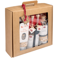 Gourmetbox Weihnachten Außenansicht mit Sichtfenster und Blick auf Inhalt