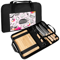 geschlossene und offene Tasche schwarz, bedruckt mit graviertem Schneidebrett und Grillbesteck