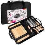 geschlossene und offene Tasche schwarz, bedruckt mit graviertem Schneidebrett und Grillbesteck