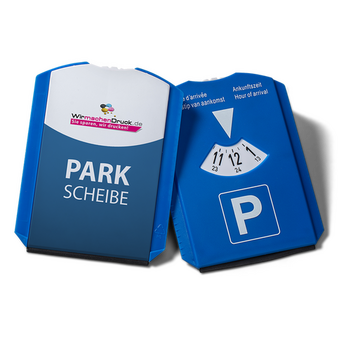 Hochwertige Parkscheibe aus Kunststoff inkl. Eiskratzer und Wasserabstreifer, 4/0-farbig bedruckt