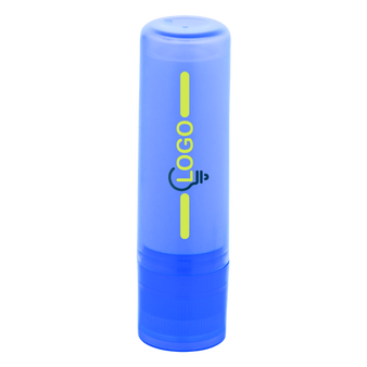 Lippenpflegestift im blauen transparentem Etui, bedruckt