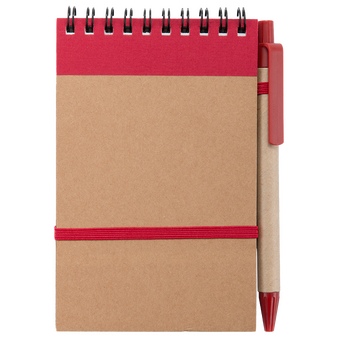 Notizbuch DIN A6 hoch, Umschlag: Karton, Inhalt: 70 linierte Seiten aus Recyclingpapier, inkl. Kugelschreiber
