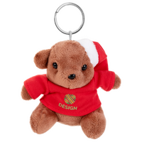 brauner Teddy mit Weihnachtsmütze und rotem T-Shirt vorne bedruckt