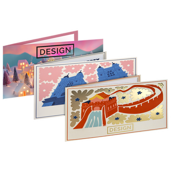 Postkarte, gefalzt auf DIN lang quer (21,0 x 9,9 cm), 4-seitig, mit allen Veredelungskombinationen