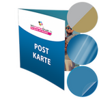 Postkarte, gefalzt auf Quadrat 12,1 x 12,1 cm, 4-seitig, mit allen Veredelungskombinationen