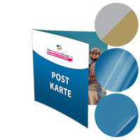 Postkarte, gefalzt auf Quadrat 21,0 x 21,0 cm, 4-seitig, mit allen Veredelungskombinationen