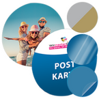 Postkarte, Stanzform rund Durchmesser 14 cm (Fußball, Volleyball, ...), mit allen Veredelungskombinationen