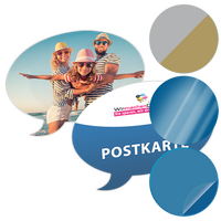 Postkarte, Stanzform Sprechblase, mit allen Veredelungskombinationen