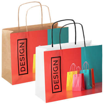 Rundum bedruckte Papiertragetasche mit Papierkordeln, 25 x 21 x 9 cm, 4/0-farbig