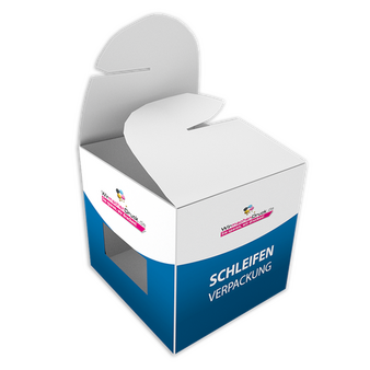Schleifenverpackung (10 cm x 7 cm x 6,5 cm) einseitig bedruckt 5/0-farbig (CMYK + Sonderfarbe) mit gestanztem Fenster