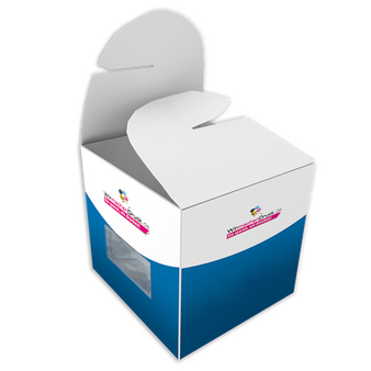 Schleifenverpackung (15 cm x 15 cm x 15 cm) einseitig bedruckt 5/0-farbig (CMYK + Sonderfarbe) mit geklebtem Fenster