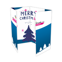 Weihnachtskarte, gefalzt auf Quadrat 10,5 cm x 10,5 cm, vertikaler 3-bruch Fensterfalz, 8-seitig