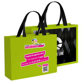 WmD-Imprint-Logo, einseitig farbig bedruckte Papiertragetasche in M mit Schleifenband, 34 x 26,5 x 11 cm, 4/0-farbig