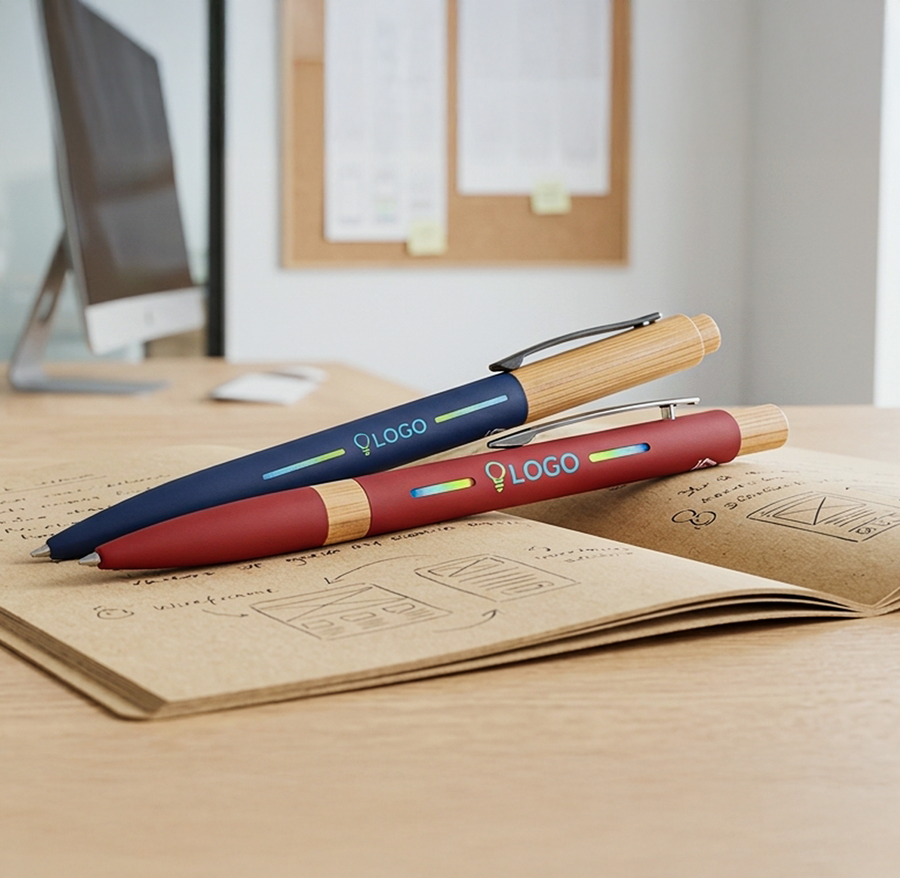 Zwei verschiedene Bambus-Softtouch-Kugelschreiber mit Druck liegend auf einem Tisch im Büro