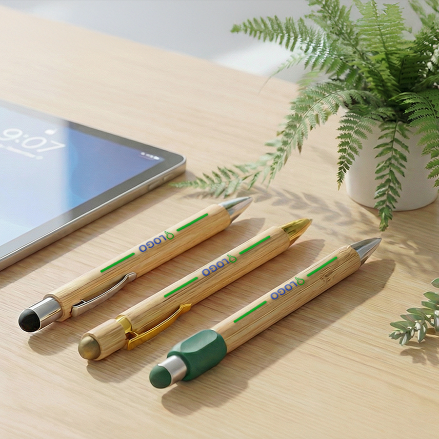 Unterschiedliche Modelle bedruckter Bambus-Kugelschreiber mit Touchpen