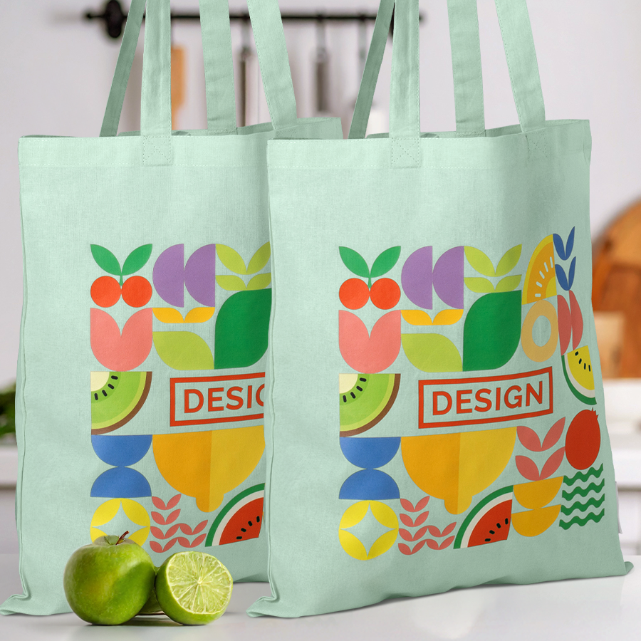 Beidseitig bedruckte, pastellgrüne Bio-Baumwolltaschen mit langen Henkeln
