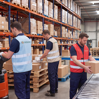 Erwachsene mit bedruckter Warnweste in bunten Farben in einem Logistikzentrum