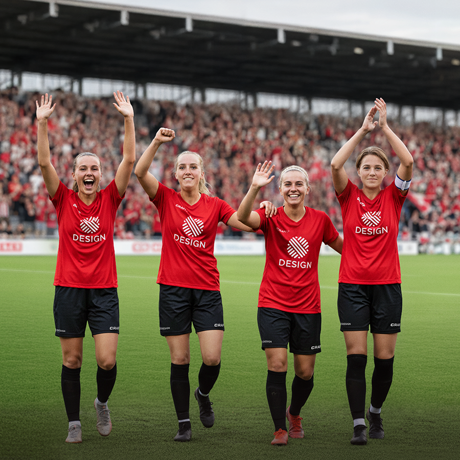 Ein jubelndes Frauen-Team im Stadion trägt einen individuellen Craft-Trikotsatz mit eigenem Design