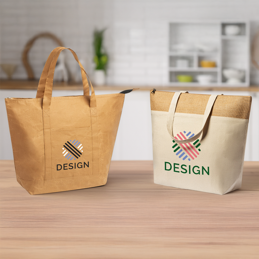 Mit Logo bedruckte Einkaufskühltaschen in Küche aus Baumwolle und laminiertem Papier